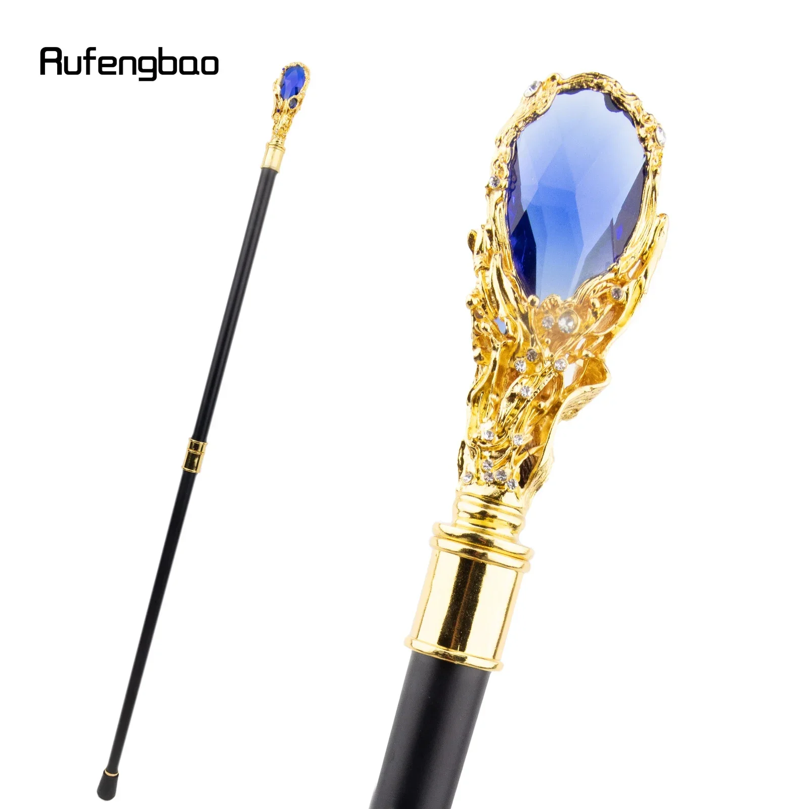 Blue Diamond Golden Walking Cane Fashion Decorative Walking Stick Gentleman Elegant Cosplay Cane Knob Crosier 95cm