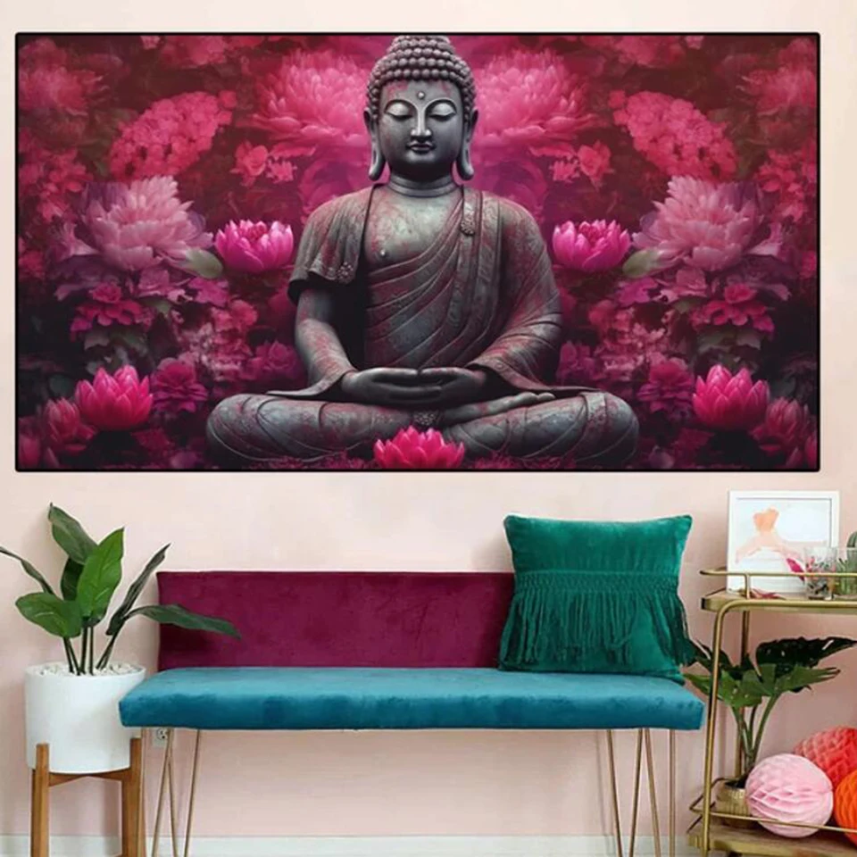 Buddha Statue with Lotus Flower Diamod Painting Buddhism Full Square round Diamond Mosaic Religious For Living Room Decor Gift