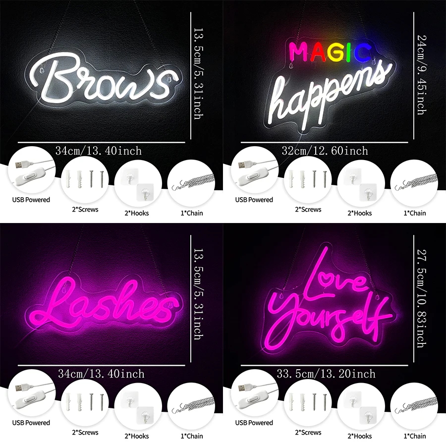Magic Happens Led Neon Sign, Letter Icon Business Wall Lamp, Suitable For Beauty Salon, Nail Eyelash Studio, Dressing Room Decor