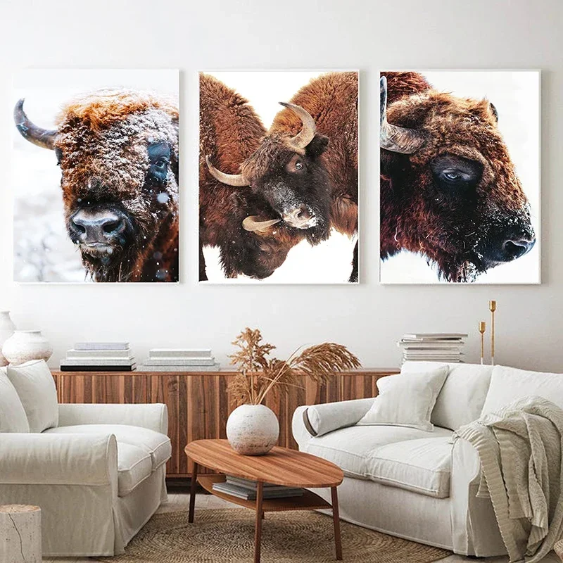 Bison Poster Modern Animal Snow Cow Wall Art Picture Buffalo Hunting Canvas Painting Print Living Room Home Decoration Cuadros