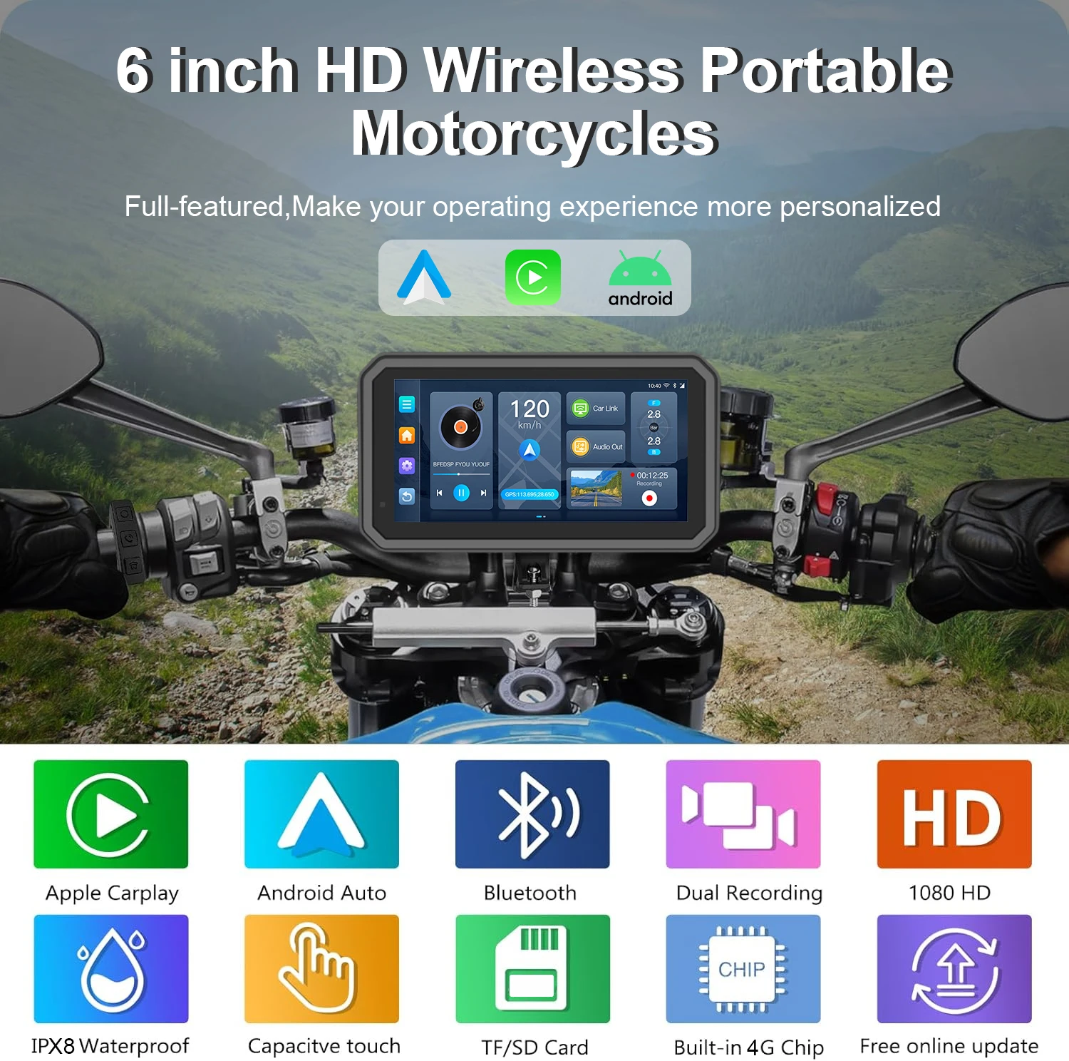 Autommi 6 Inch Motorcycle Portable Android 14.0 Moto Screen Wireless Carplay /Android Auto Monitor IPX8 Waterproof
