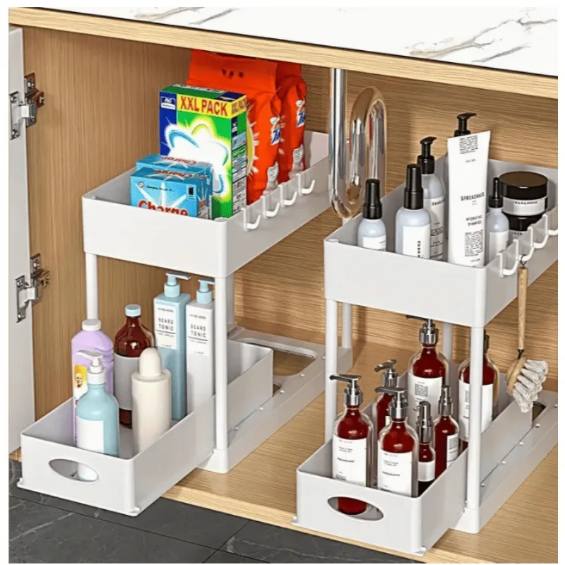 

Under Sink Shelf Organizer Pull-Out Sink Storage Shelf for Kitchen Bathroom Cabinet Space-Saving Sink Organizer with Drawers