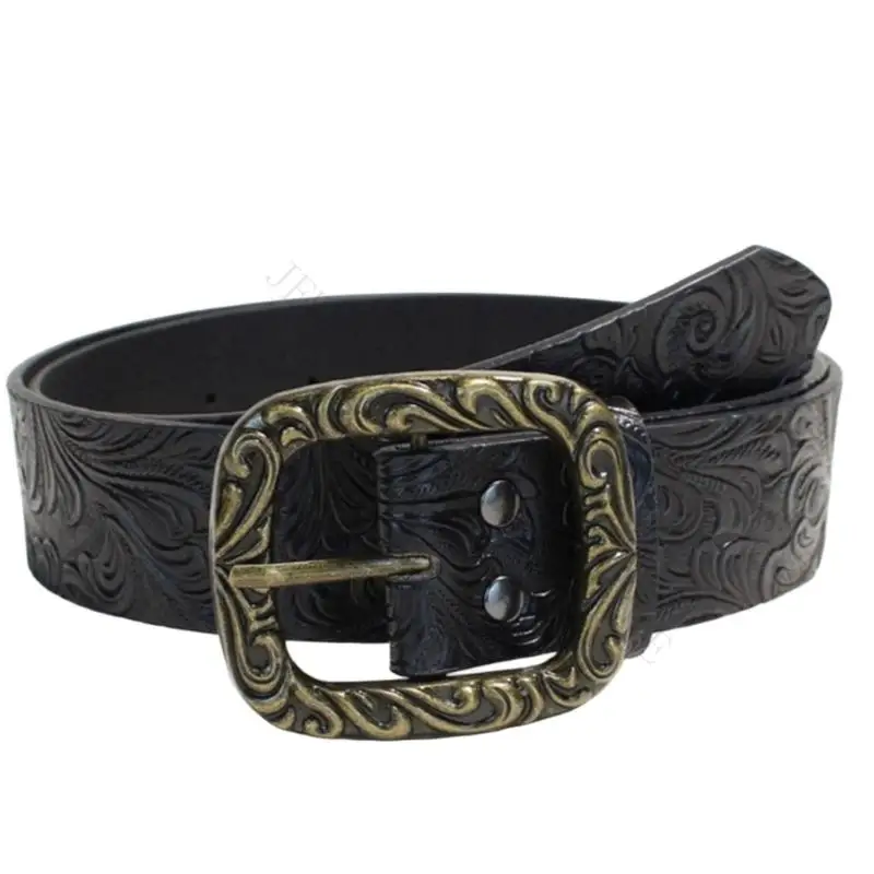 R7UF Engraved Square Closure Belt for Women with Wide Embossed Strap, Adjustable Waistband Girdle for Casual Daily Styling
