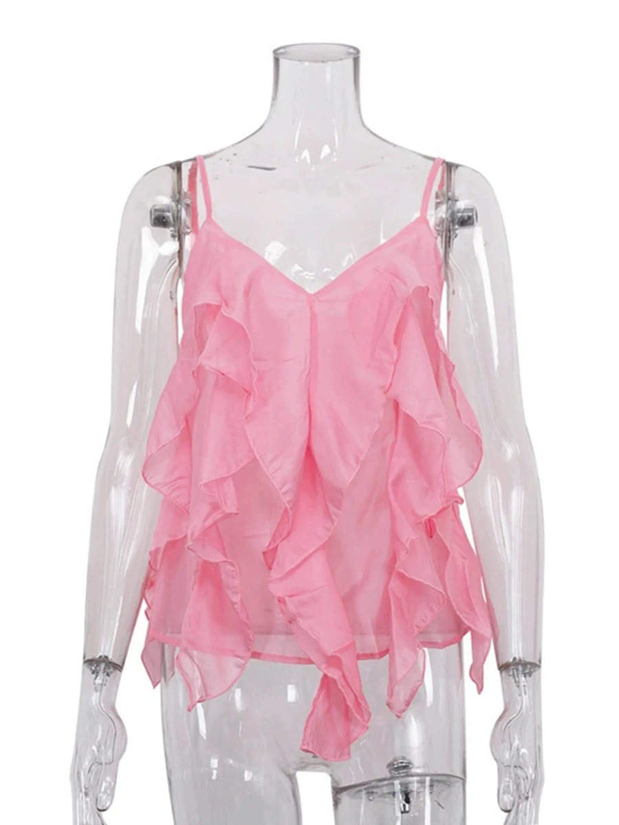 TWOTWINSTYLE Pink Folds Cami Vests for Women Plunge V Neck Sleeveless Multi Layer Ruffle Loose Vest for Daily Streetwear Dating