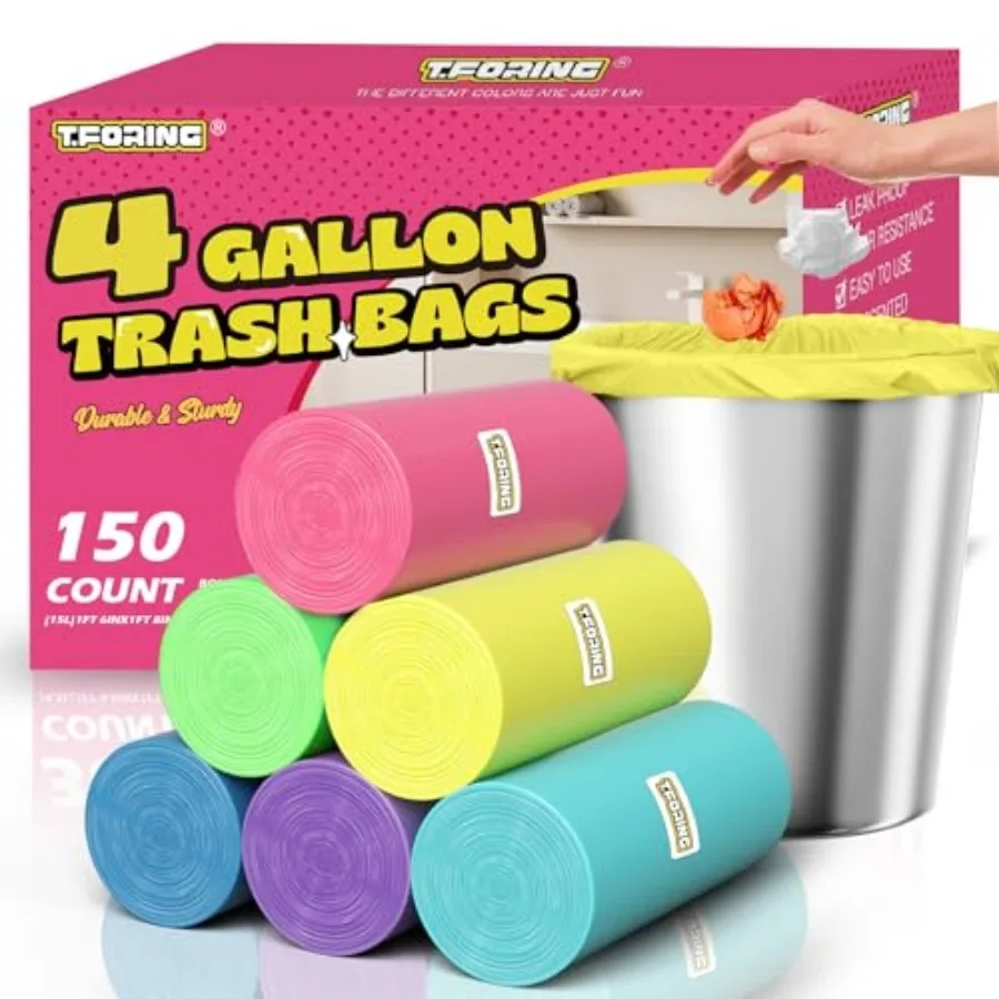 

150 Count 4 Gallon Small Trash Bags - Colored Bathroom Garbage Bags Unscented Leak-proof, 15 L Plastic Wastebasket Can Liners f