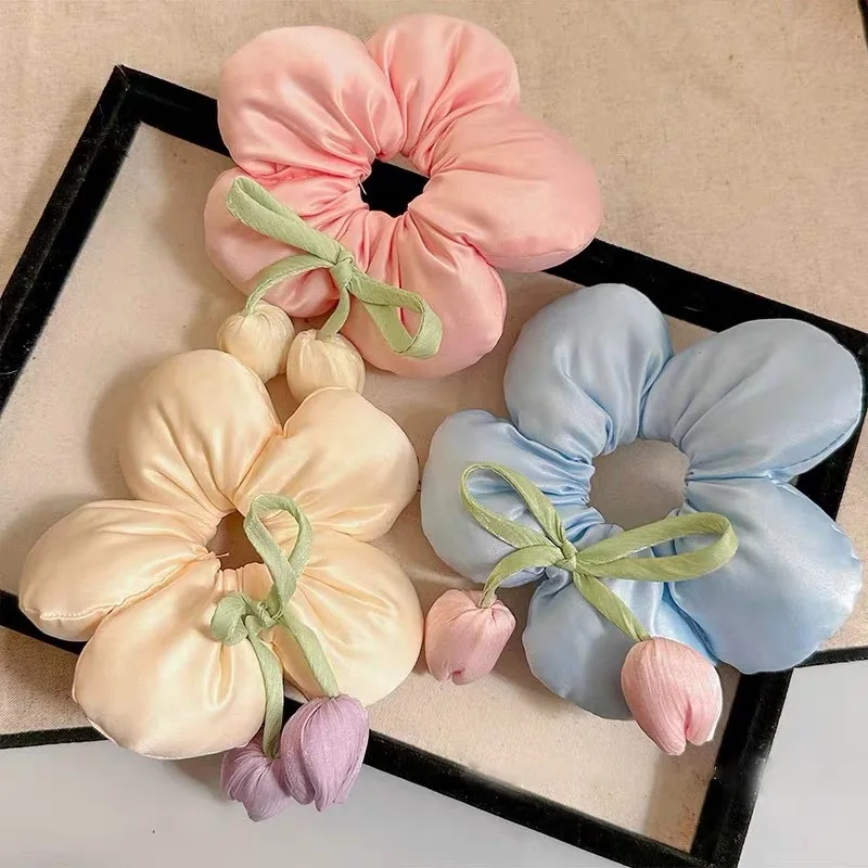 

3D Tulip Flower Hair Ties for Girls Spring Stuffed Elastic Bands High Elasticity Non Slip Soft Low Bun Ponytail Holders Daily