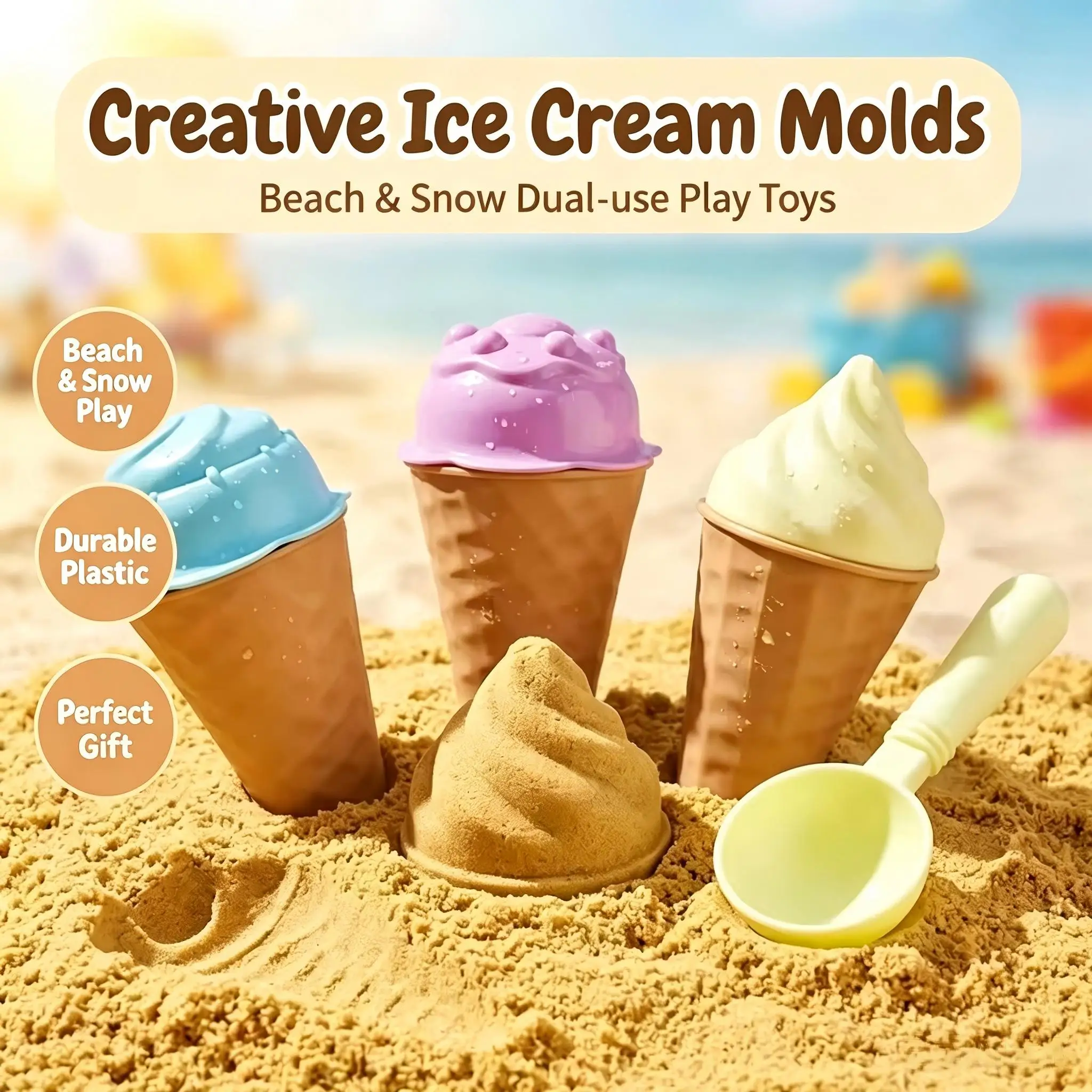 1 Set Children Ice Cream Cone Sand Molding Toy Set Beach Sand Molding Tools Kit All Season Use Outdoor Seaside Play Accessories