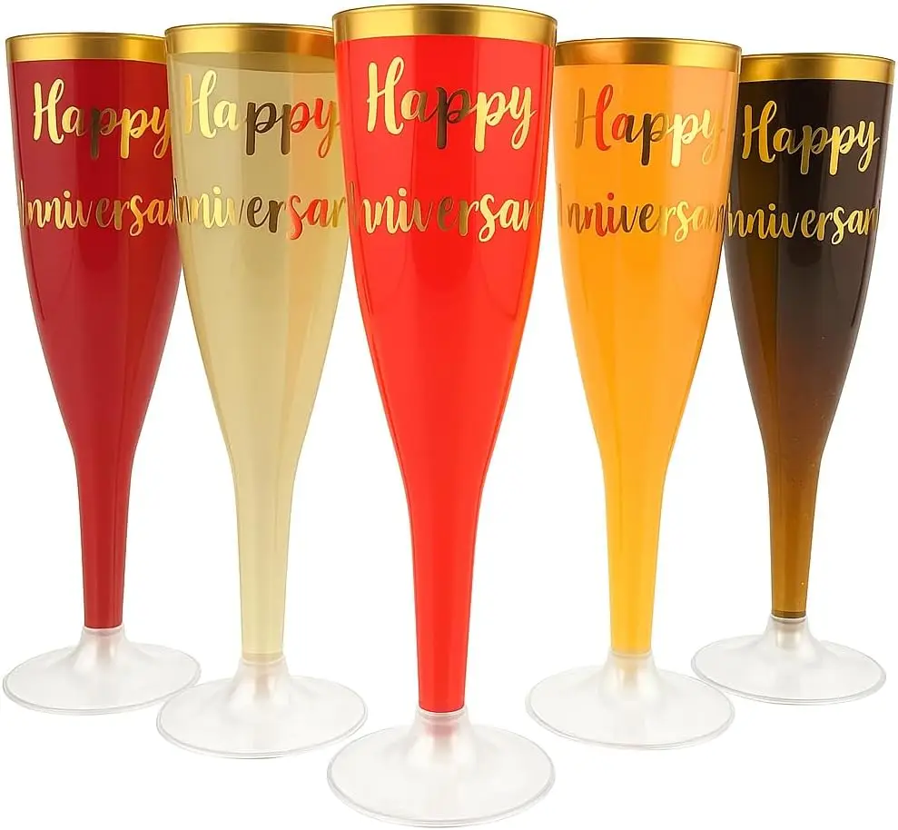 

30-Pack Gold-Rimmed Anniversary Champagne Flutes – Elegant Disposable Toasting Glasses with Print for Milestone Celebrations