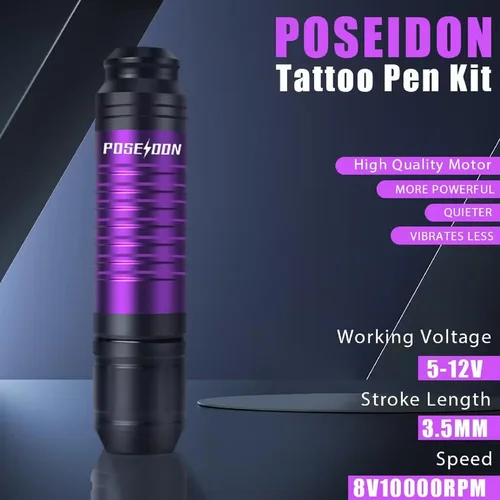 Imagen 2 del producto Kit de pluma de tatuaje POSEIDON, Kit de pluma de tatuaje con fuente de alimentación, interfaz RCA, Kit de tatuaje, Kit de pistola de tatuaje, pluma eléctrica rotativa de tatuaje
