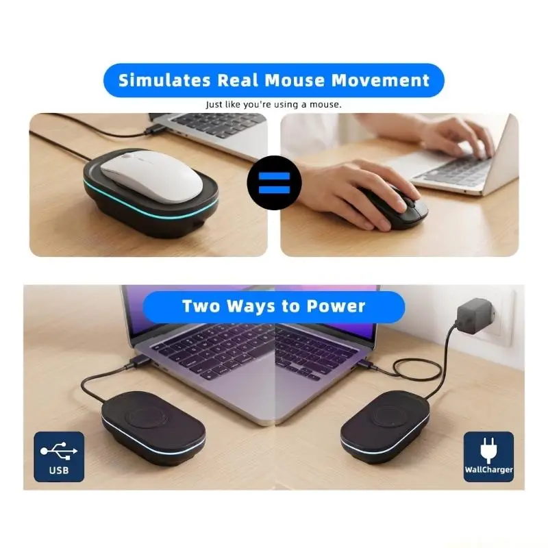 Mouse Mover Undetectable Automatic Mouse Mover, Rechargeable Mouse Mover, Two Modes, 1H 2H 4H Timer, LED Side Lighting for