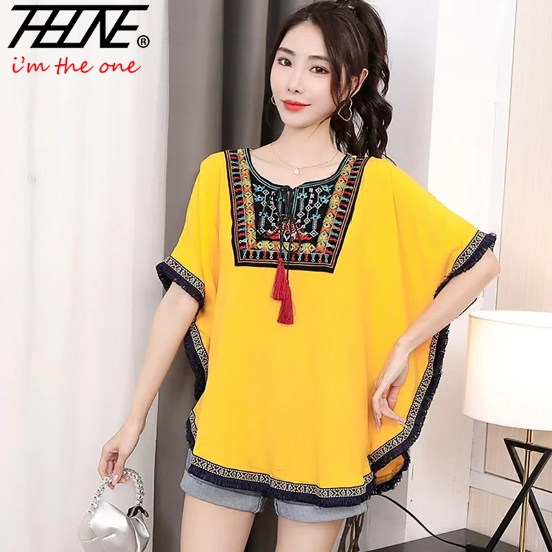 THHONE Sommer Frau T-Shirts Stickerei Indie Folk Koreanische Beiläufige Lose Druck Vintage Mode Batwing Hülse frauen Kleidung Tops
