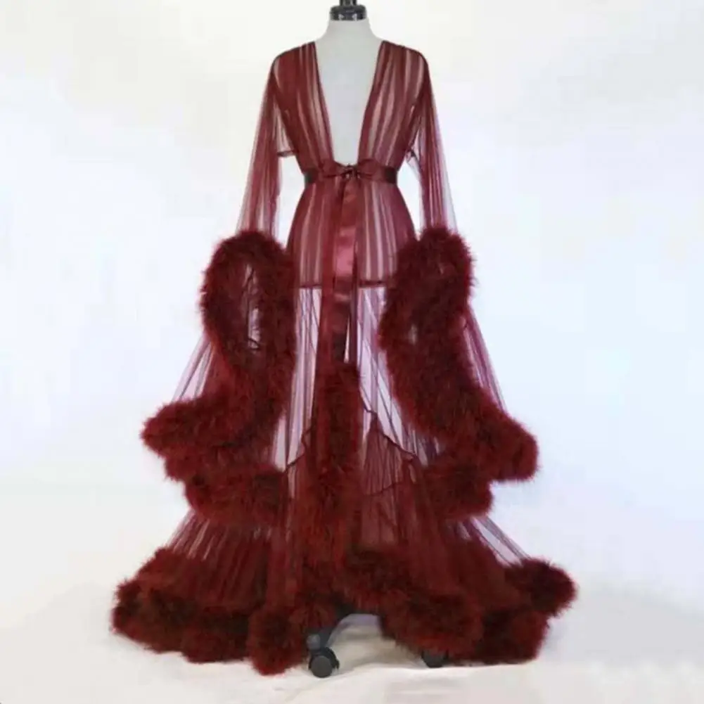 Fluffy Trim Mesh Dress Perspective Sexy Feather Trumpet Sleeve Trailing Long dress Women Party Tie Up Floor Dress Cocktail Dress