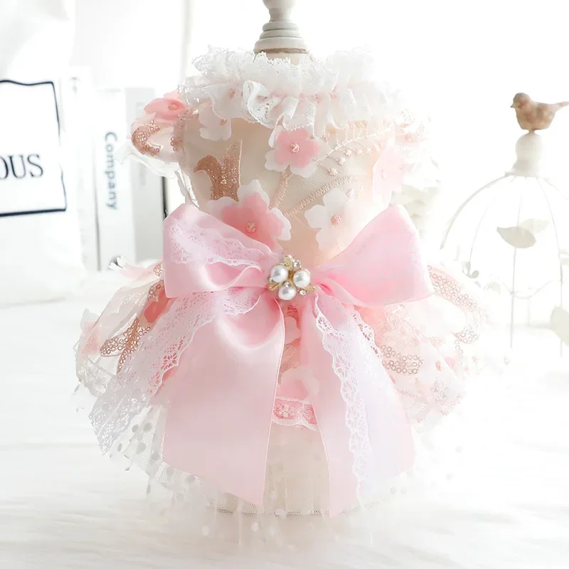 

Free shipping，Spring Summer Thin Style Pet Cat Dog Flower Dress Princess & Wedding Gown Design Handmade Dress For Teddy Dogs