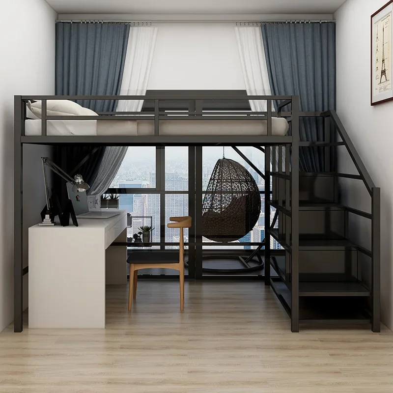 Elevated Sheet Upper Adult Children Bunk Bed Loft Duplex 2nd Floor Space-saving Upper and Lower Bed Iron Frame Bed