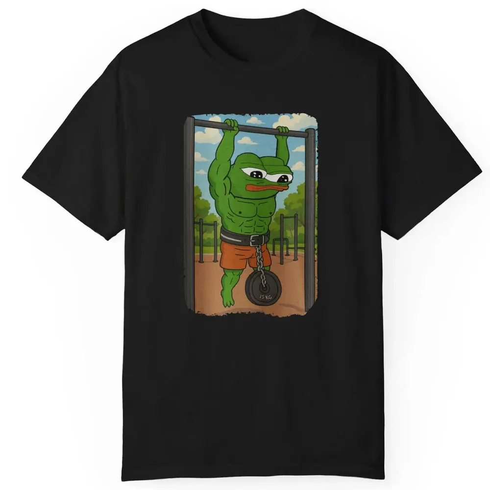 Swole Pepe The Frog Weighted Pull Ups Fren Fitness Meme Muscles Funny Gym Culture Outdoor Calisthenics Humor Graphic Cotton Tees