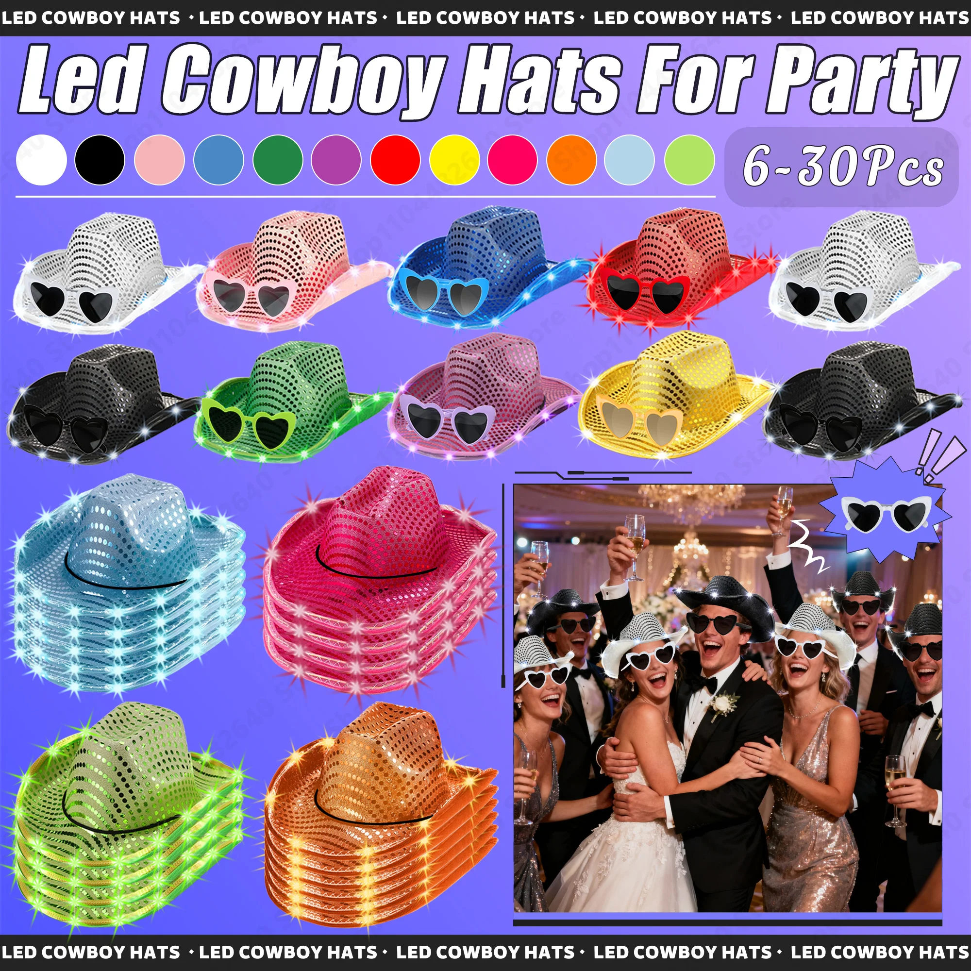 

6-30Pcs Light Up Cowboy Hat for Wedding Led Cowboy Hats Flashing Cowboy Hat Bachelorette Party Dance Costume Music Festival Hat