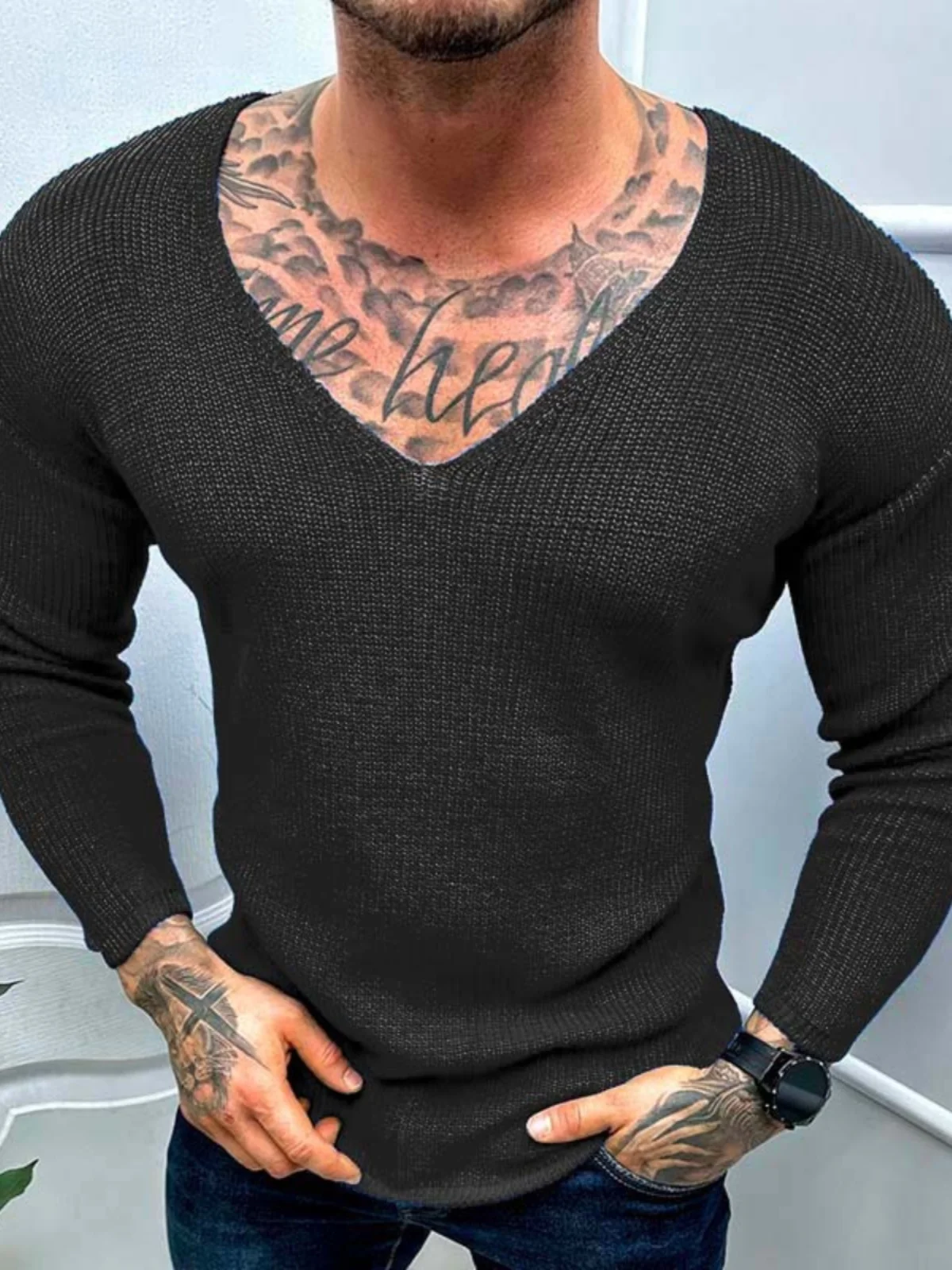 

Мужской вязаный свитер с V-образным вырезом и длинным рукавом, тонкий, базовый, повседневный, приталенный, для весны и осени, удобный, дышащий