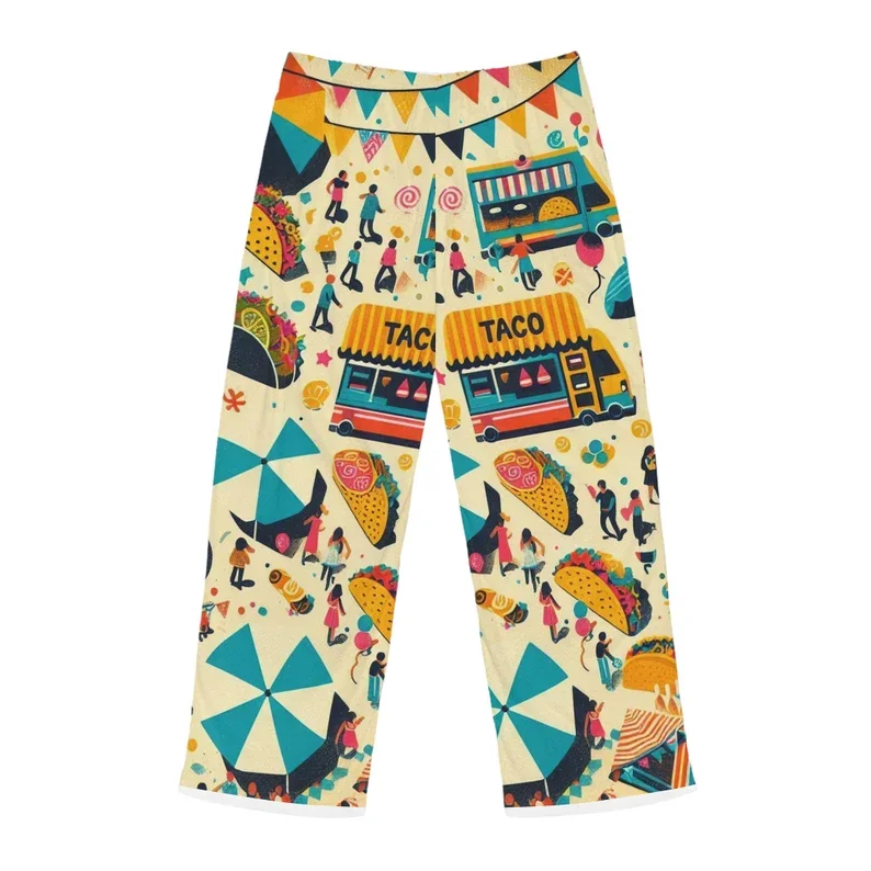 Unisex Festival Taco Truck Colorful Mexican Street Food Cartoon Printed Holiday Colorful Party Loose Wide Leg Pants