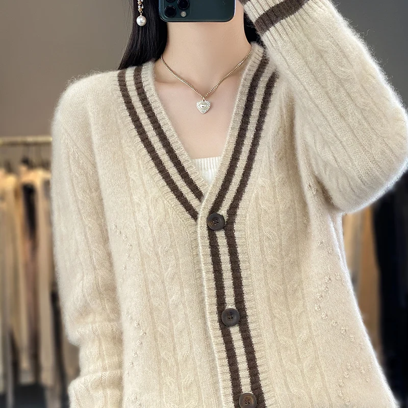 100% pure wool cardigan coat female autumn and winter new V-neck Korean cashmere sweater loose knit coat female