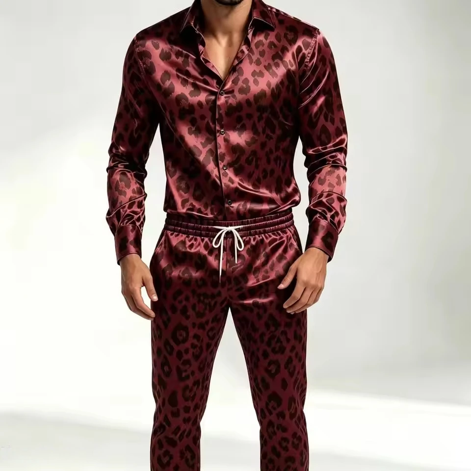 2026 New Men's Long Sleeved Two-Piece Leopard Print Silk Satin Shirt with Buttons, Elastic Pants, Casual Party Street Set view 5