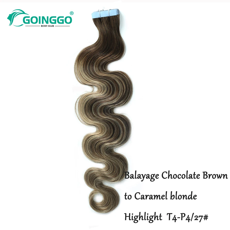 T4P4/27 Tape In Human Hair Extensions Body Wave Balayage Chocolate Brown To Caramel Blonde Tape In Extensions Salon Quality 100g