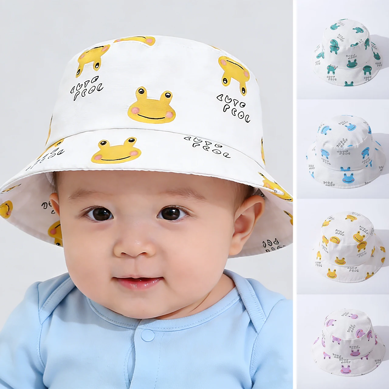 

Spring Fall Children Bucket Hats Cartoon Frog Print Baby Fisherman Hat Sun-Protective Windproof Boater Cap 0-2Year Kids Visors