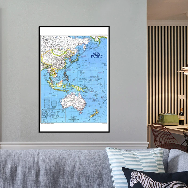 A2 Size World Map Canvas Painting Printed Wall Art Map of Asia Pacific 1989 Edition Home Living Room Wall Paper Home Decor