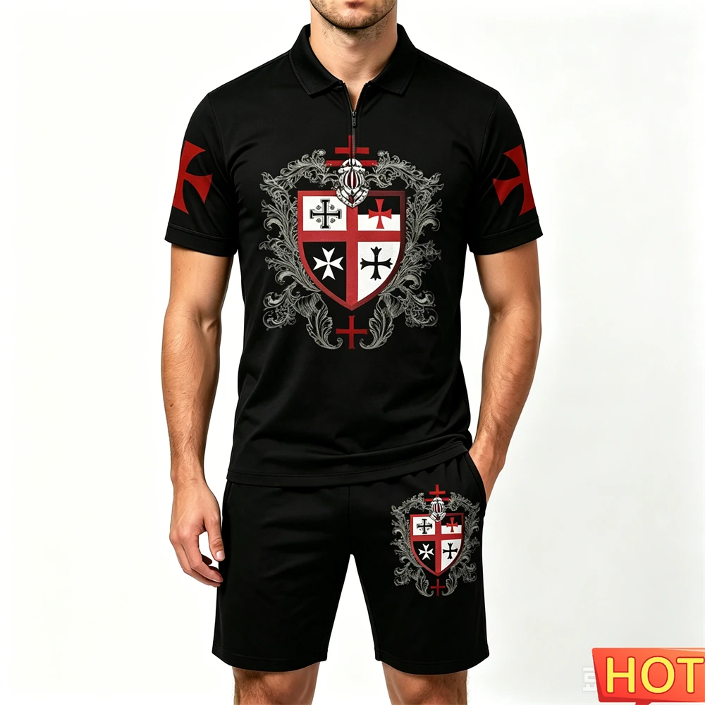 Summer Men's Sets Crusader Knights Print Zip Polo Shirt and Shorts 2 Piece Street Hip Hop Men's Outfit Casual Short Sleeve Suit view 4