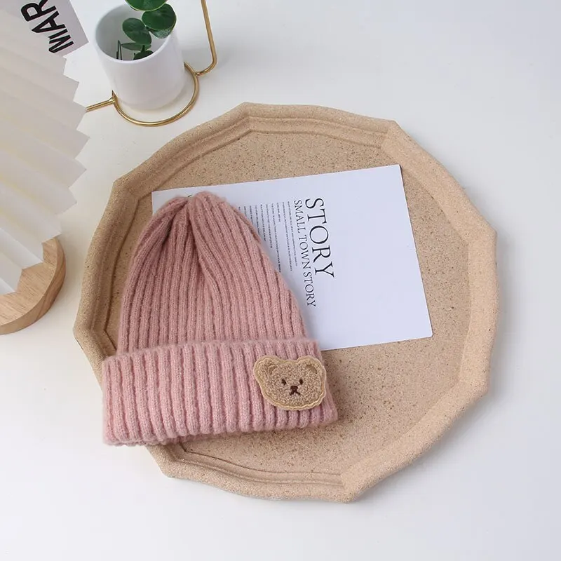 Cute Bear Baby Knit Hat Solid Color Miękkie wygodne czapki dla chłopca dziewczynka Cartoon Jesień Zima Ciepły Dziecięcy Kapelusz