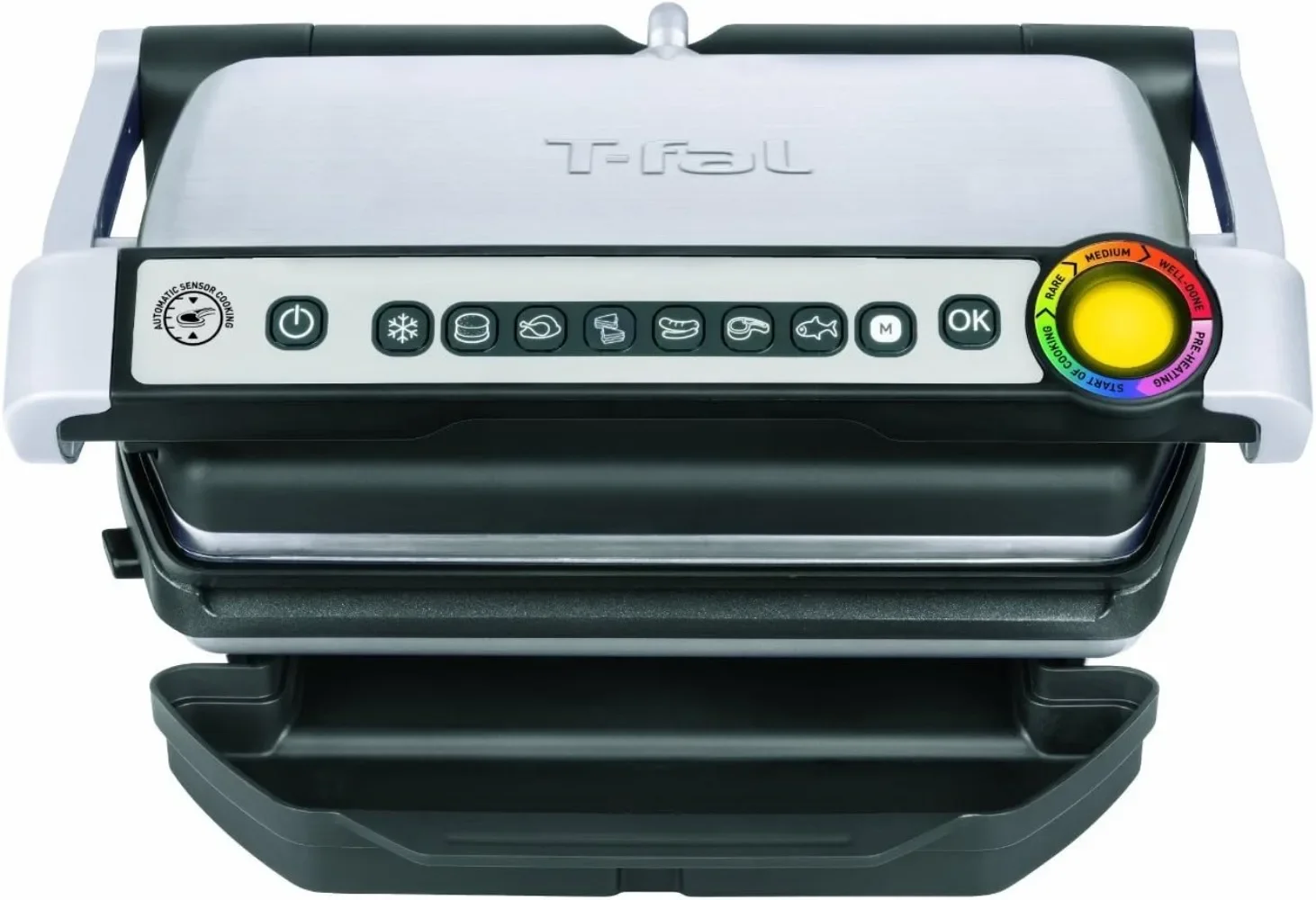T-fal OptiGrill griglia elettrica in acciaio inossidabile 4 porzioni 6 modalità di cottura automatica, grigliate intelligenti rare to ben fatte 1800