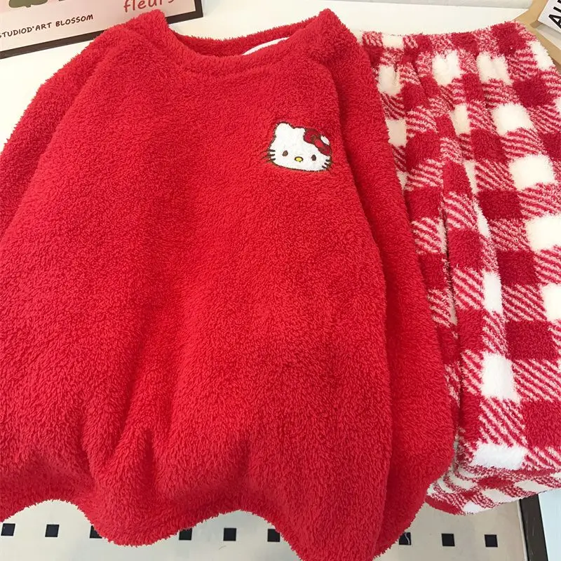

M L XL 2XL Autumn and Winter Coral Velvet Women's Warm Hello Kitty Set Cute Cartoon Plush Red Checkered Home Clothing Set
