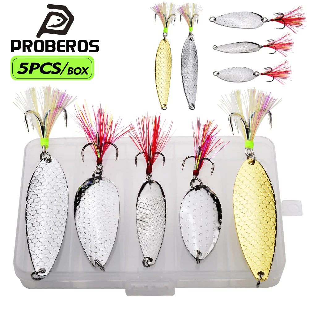 

PROBEROS 5PC/Box Metal Spoon Shaped Lure Realistic Fish Scale Texture With Sharp Three Hooks Sea Bass Trout Catfish Fish Baits