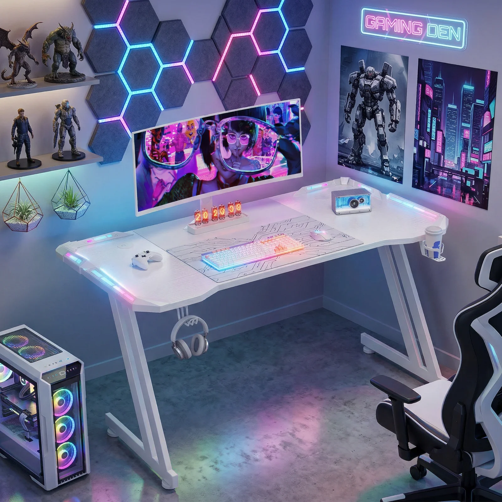 47/55/63inch Gaming Desk, Carbon Fibre Gaming Table with LED Lights, Z Shaped Ergonomic Desk with Cup Holder & Headphone Hook, White