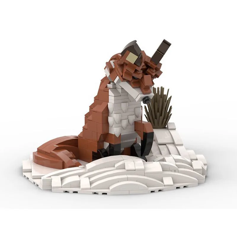 Wild Red Fox Animal Building Blocks, Winter Snowland Decor Diorama Model, Chinese DIY Bricks for Hobby Display Gifts