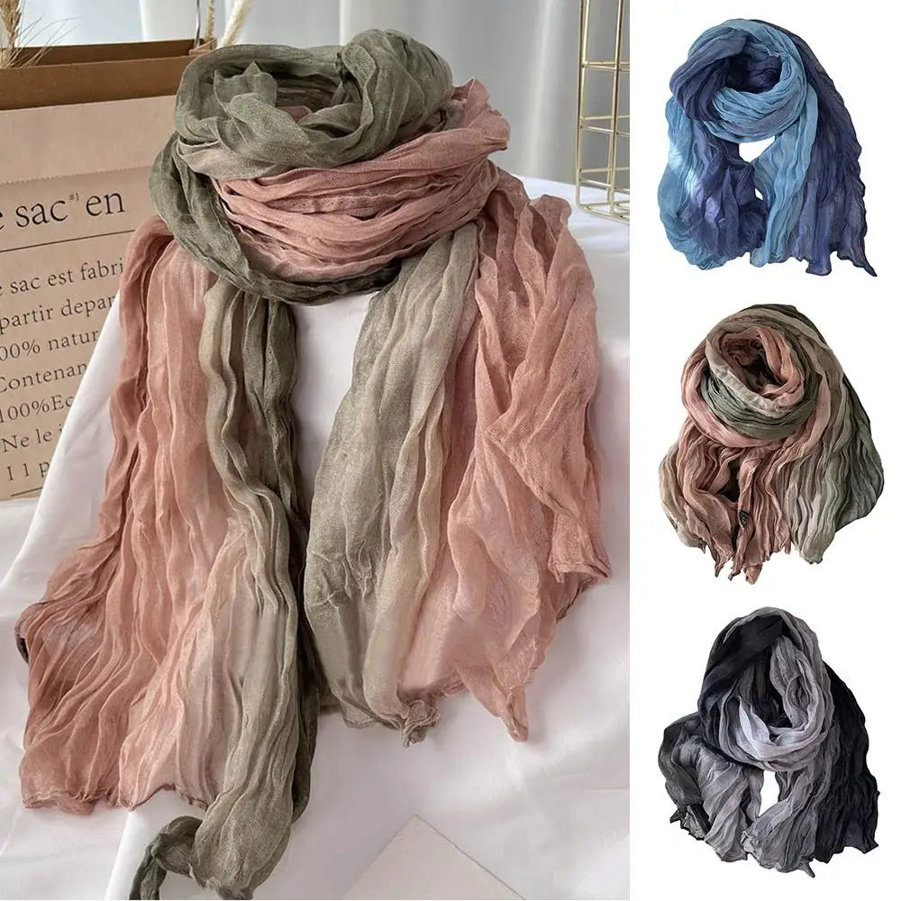 

Tie-dye Headscarf Pleated Shawl Long Hijab Cotton Linen Wrinkle Scarves Cotton Hemp Gradient Color Scarf Outdoor Neck Warmer