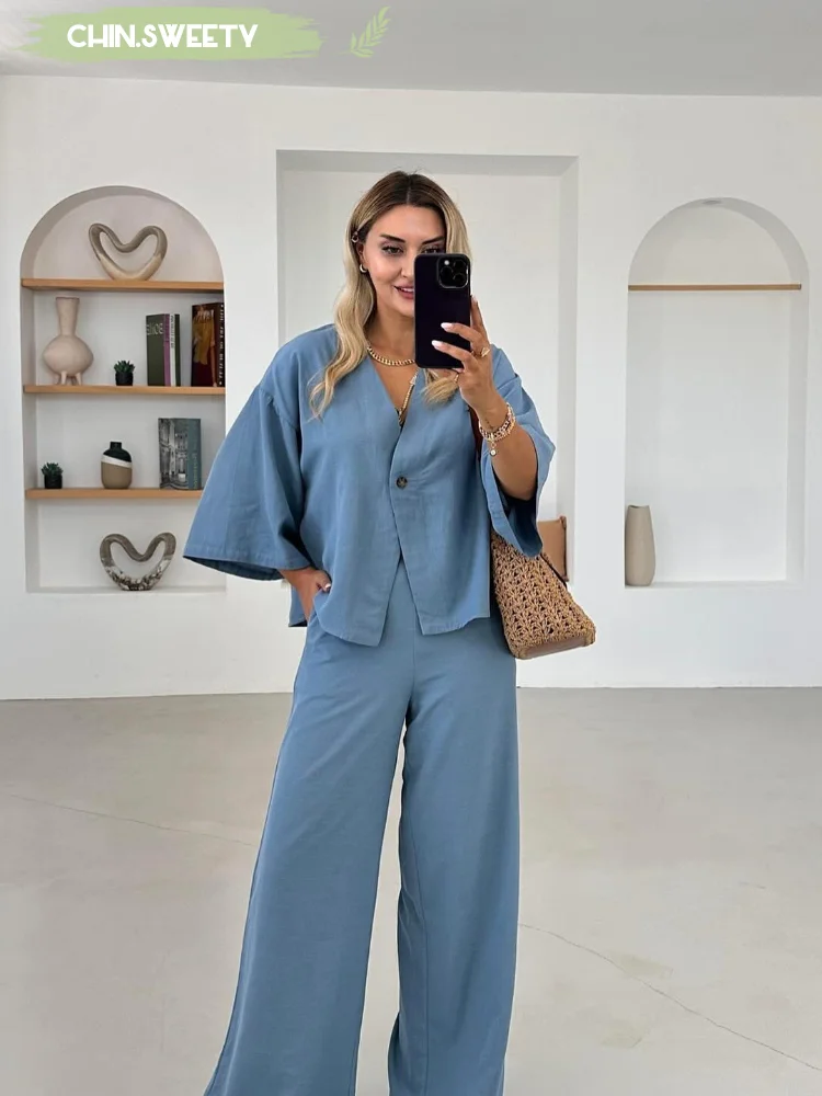 

Cotton Linen Loose Top Bottom Set Women Solidcasual Daily Long Sleeved Oversized Two Piece Bottom Suit 2025 New Summer Outfits
