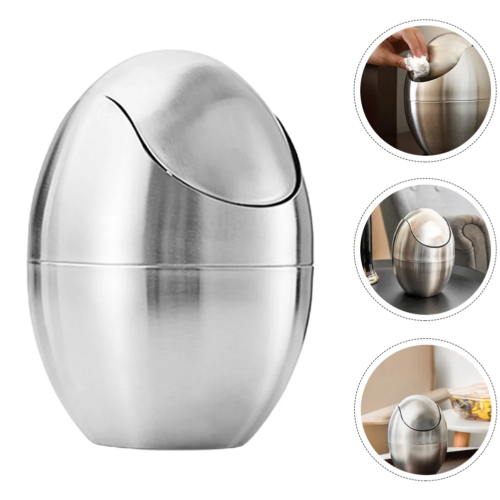 

Egg Shaped Trash Can Stainless Steel Wastebin Small with Lid Mini Container Bathroom Garbage Basket Desk