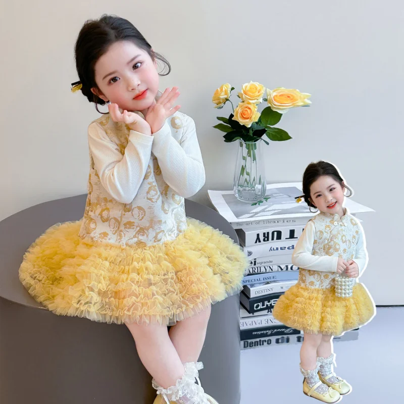 

Girls' Vintage Cheongsam Tulle Skirt Set2026New Spring and Autumn Fashionable Chinese Style Dress for Girls