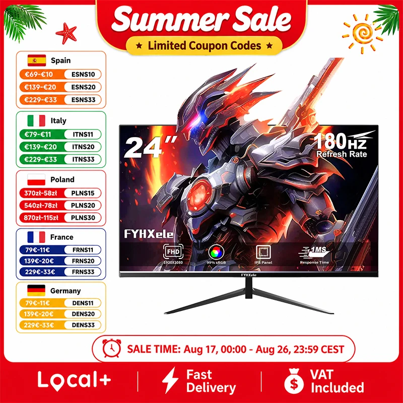 Display Screen 24-Zoll Gaming-Monitor 180Hz FHD 1080P IPS-Panel 1ms Flachbildschirm PC-Computer-Display Rahmenloser Desktop-Monitor mit DP HDMI-Anschluss RGB-Beleuchtung für Büro