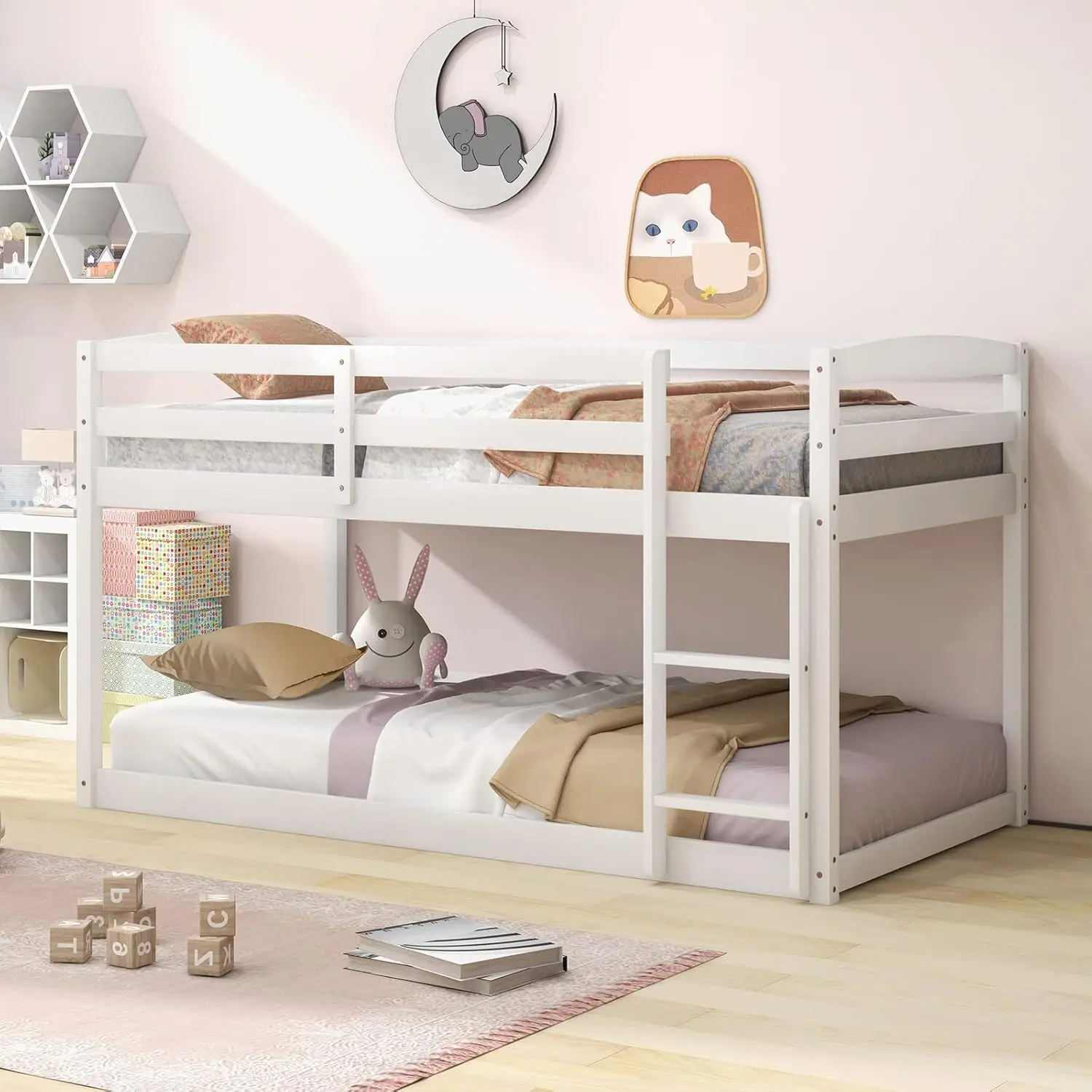 

Twin Low Bunk Bed, Solid Wood Twin Over Twin Bunk Bed Frame with Full Guardrails & Integrated Ladder, Floor Twin Bunk Be