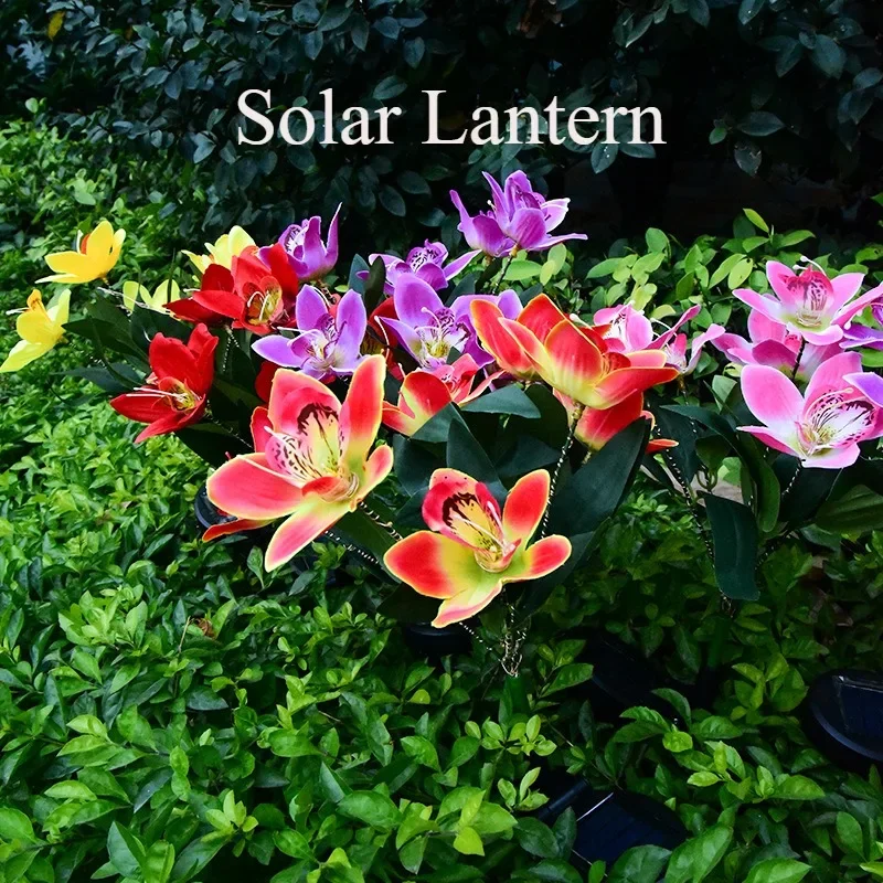 1 luces LED solares para el suelo, luces artificiales para césped con flores, luces solares de orquídeas de 7 cabezales para decoración navideña de jardín y Patio