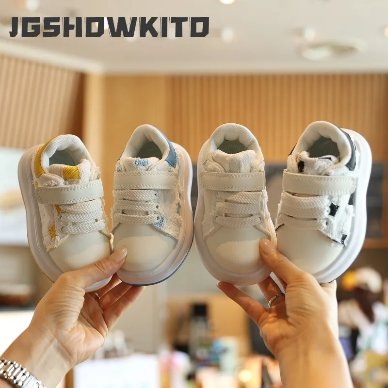 JGSHOWKITO New Kids Canvas Sneakers Raw Edge Patchwork Causal Shoes for Boys Girls School Non-slip Soft Children Walking Shoes
