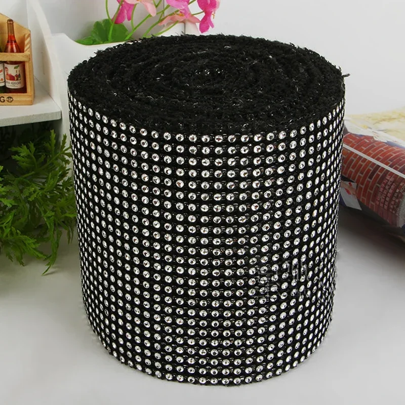 1 Yard Silver Round 24 Rows Black Base Sparkle Rhinestone Crystal Diamond Mesh Wrap Roll Ribbon