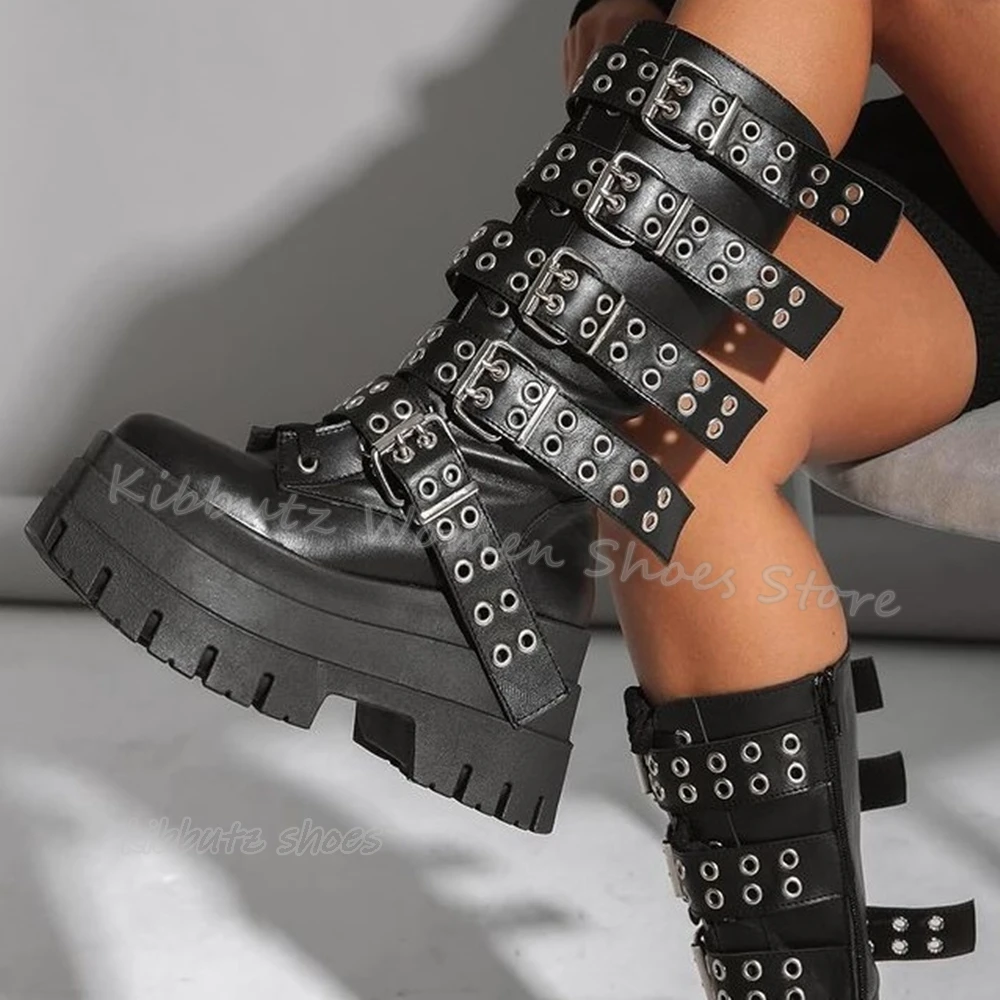 

Rider Boots Knee High Roman Style Belt Buckle Rivets Thick Bottomed Spaghetti Strap Fashion Sexy Genuine Leather Women Shoes New