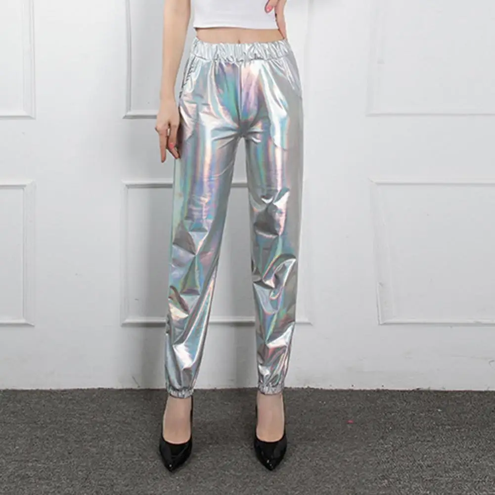 Shiny Laser Pants Women Pants High Waist Glossy Elastic Waist Ankle-banded Slim Fit Clubwear Stage Performance Harem Trousers