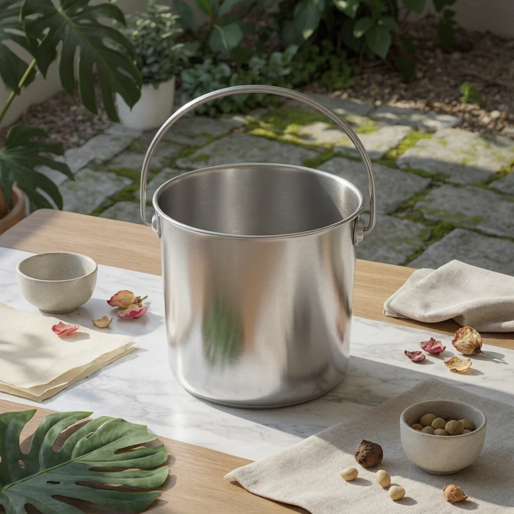 Household Container Round Steel Pail Sturdy 1.6mm Thick Stainless Steel Pail Raised Base Circular Ridge for Kitchen