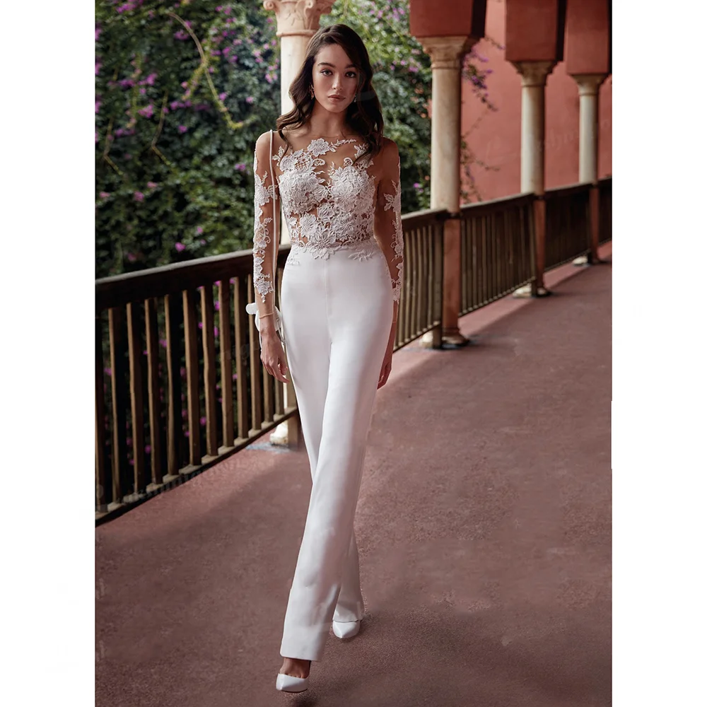 Macacão personalizado Lace Sheer, Pantsuit sexy, vestidos com trem destacável, adequado para a dama de honra do casamento, reunião de férias