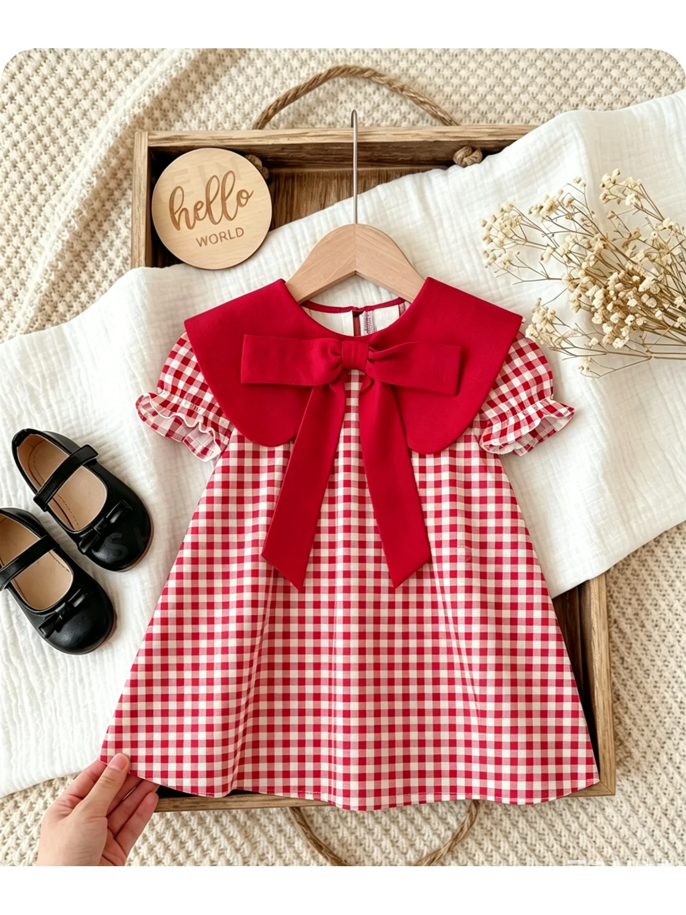 Lässiges Kleid mit Rundhalsausschnitt und kariertem Muster für Kinder, mit aufgesetztem Kragen, Schmetterlings-Schleife und kurzen Ärmeln. – Detail 6