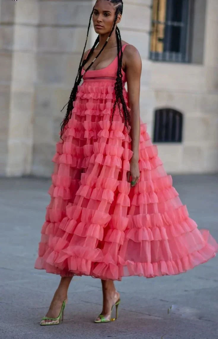 Rosa decote quadrado em camadas tule vestidos formais longos uma linha inchado em camadas vestido de festa de baile comprimento chá vestidos femininos