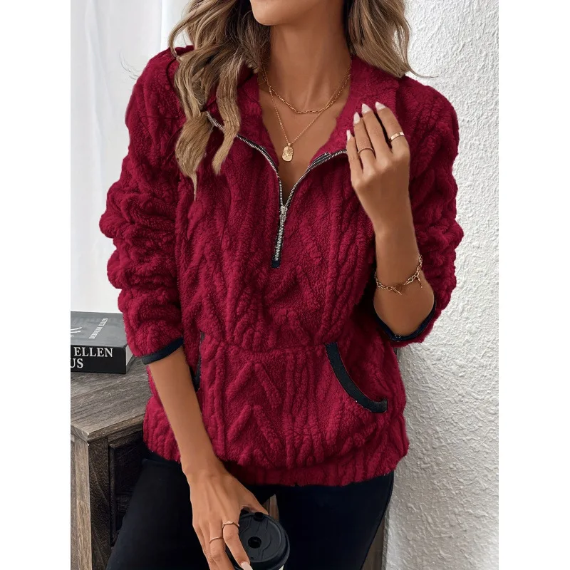 2025 Autumn and Winter New European and American Lapel Half Zipper Plush Pocket Short Sweater Women